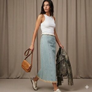 H&M Divided Denim Maxi Skirt 2 Cotton Boho Raw Hem Coastal Cowgirl Distressed